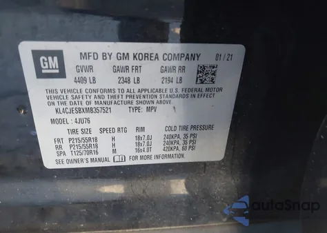 2021 Buick Encore Awd Preferred z USA, uszkodzony, nr VIN KL4CJESBXMB357521